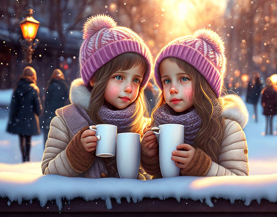 Illustrated winter scene with two girls, snow-covered bench, and lamppost