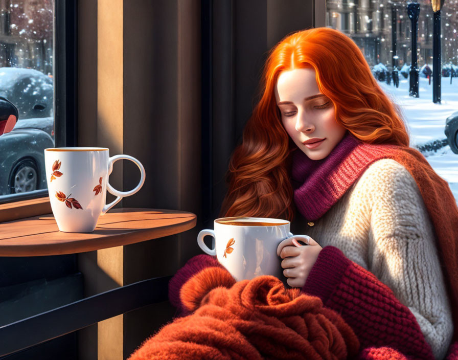 Red-haired woman in cozy sweater by window with snowfall and mug