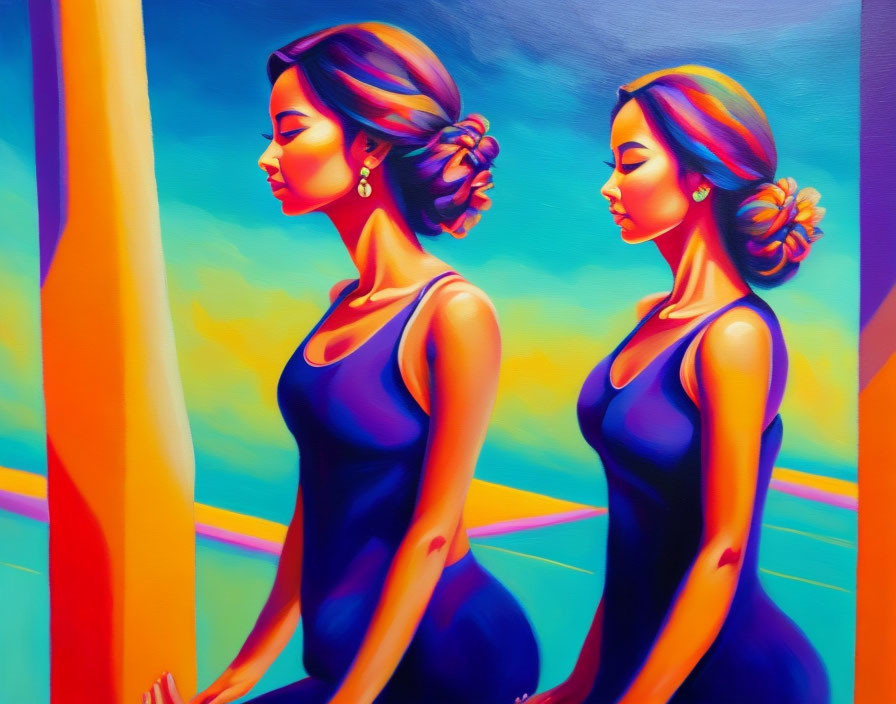 Vibrant painting of two women with stylish updos in matching blue dresses