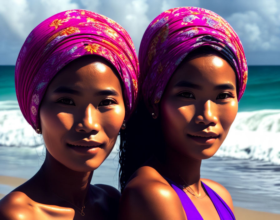 Smiling women in purple headscarves on sunny beach with blue ocean and sky