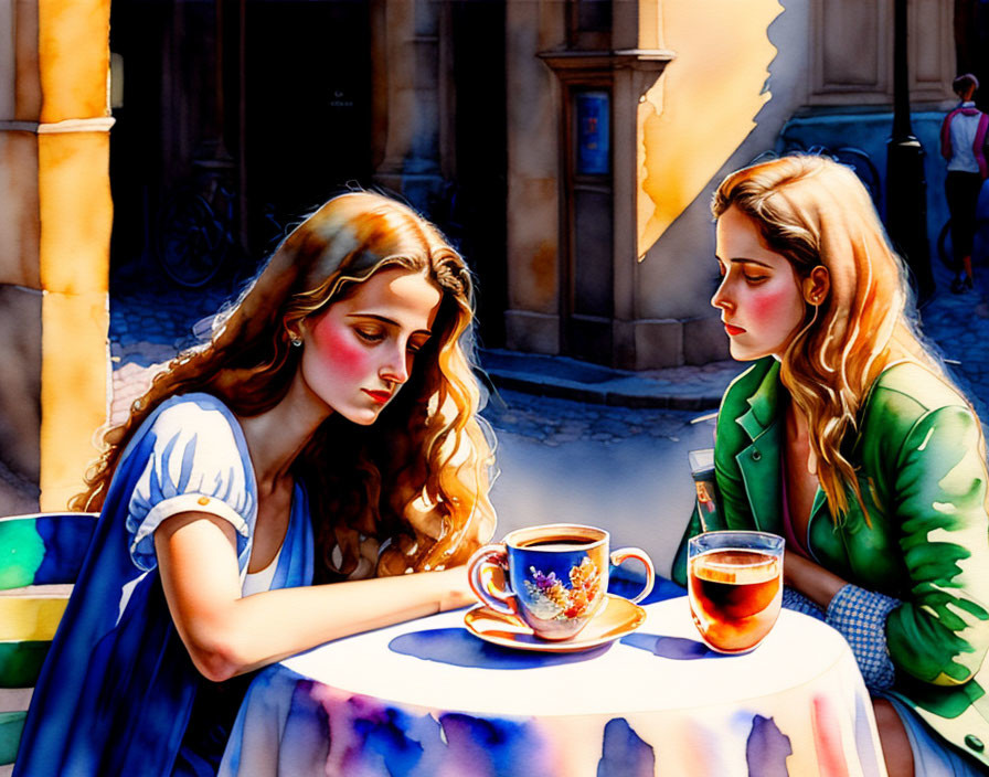 Women at street cafe table with teacup, warm sunlight, European architecture