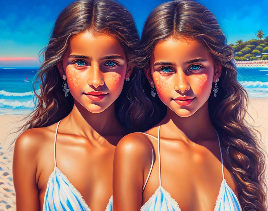 Twin girls digital artwork: blue eyes, wavy hair, matching outfits, beach setting