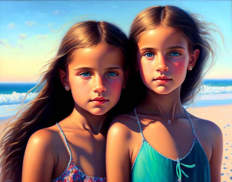 Two young girls with blue eyes and sun-kissed cheeks on a beach.