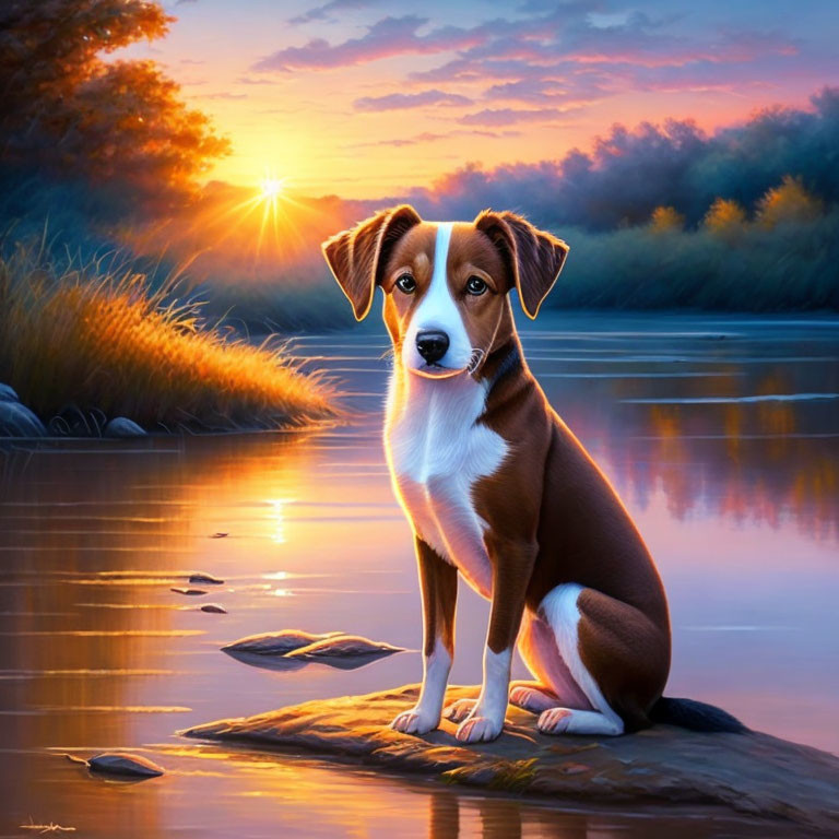 Brown and White Dog Sitting by Tranquil River at Sunrise