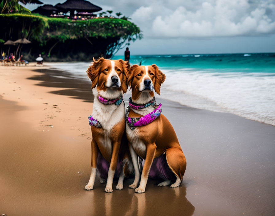 Colorful Necklaced Dogs on Sandy Beach with Waves and Hillside Structures