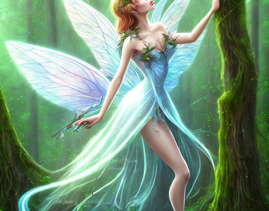 Enchanting Fairy Artwork with Translucent Wings in Mystical Forest