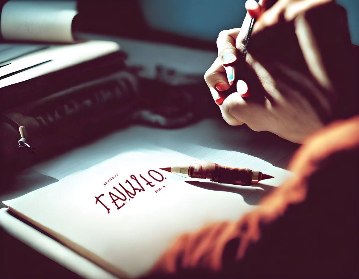 Person writing "CREATIVE" with red marker on paper surrounded by artistic supplies