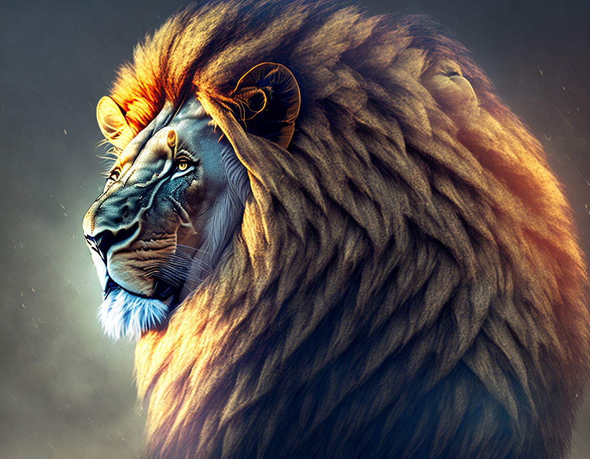 Majestic lion-tiger hybrid with glowing eyes on dark background