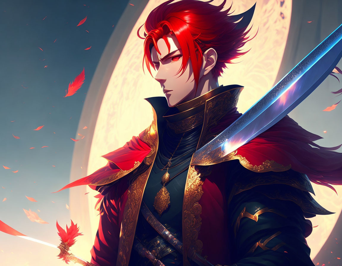 Red-haired warrior in ornate armor wields sword with swirling red leaves