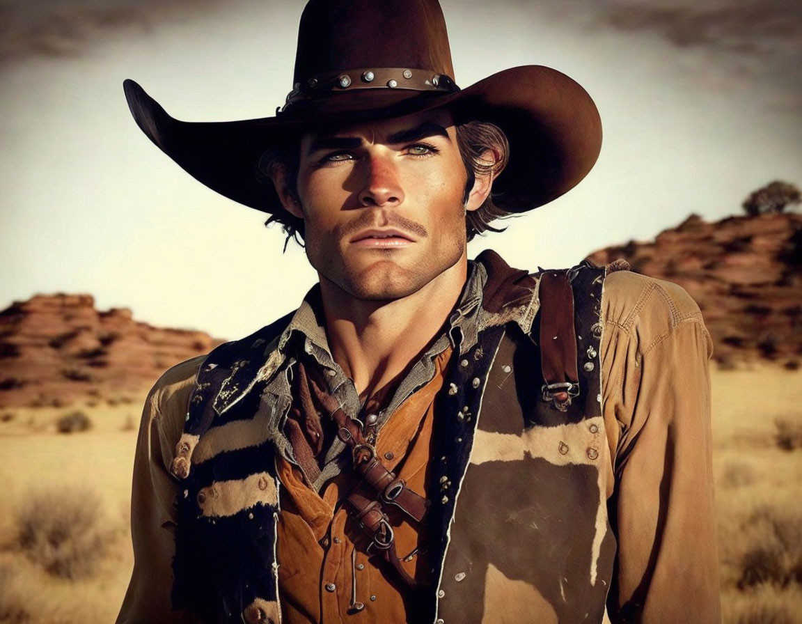 Cowboy in wide-brimmed hat gazes in desert landscape