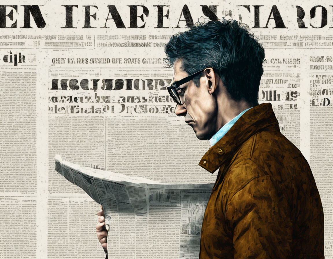 Man in Glasses Reading Newspaper with Cyrillic Text