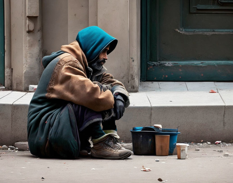 Person in layered clothing with hood on sidewalk with coins container and disposable cup.