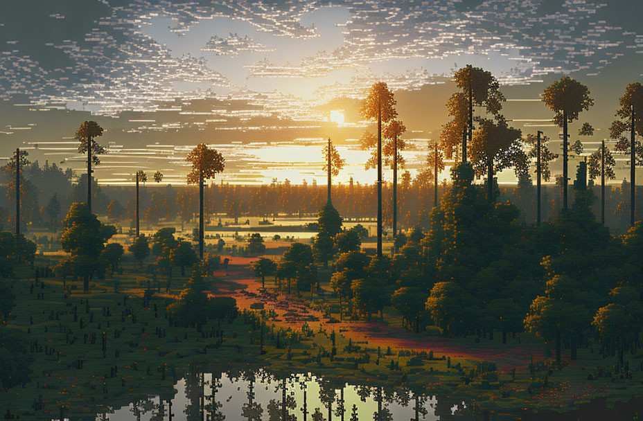 Tranquil forest and lake at sunrise in pixelated digital landscape