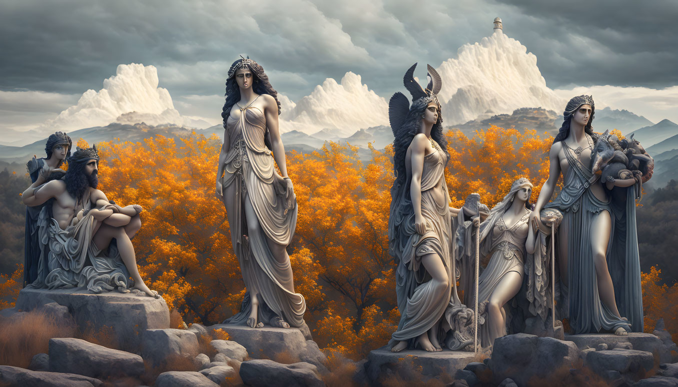 Statuesque Greek god-like figures in autumnal setting with mountains and cloudy skies