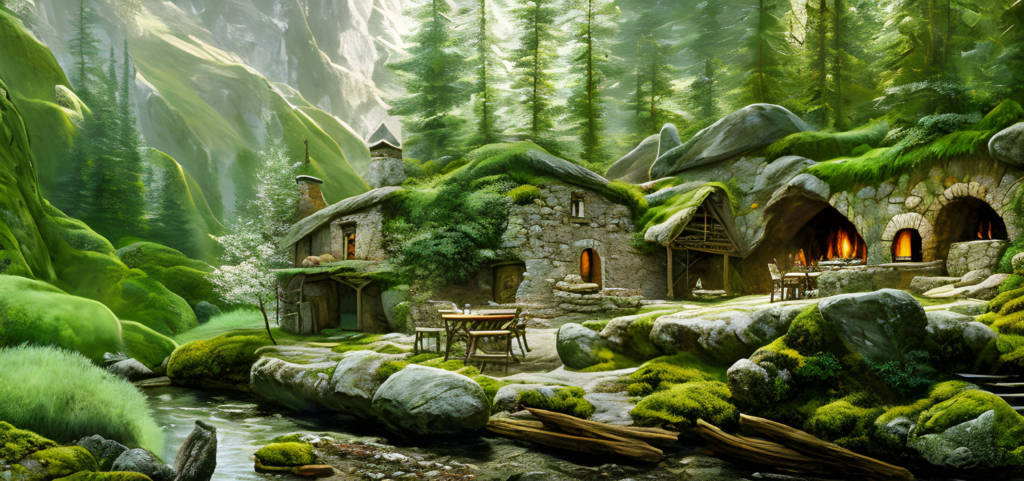 Moss-Covered Stone Cottages in Enchanted Forest Setting