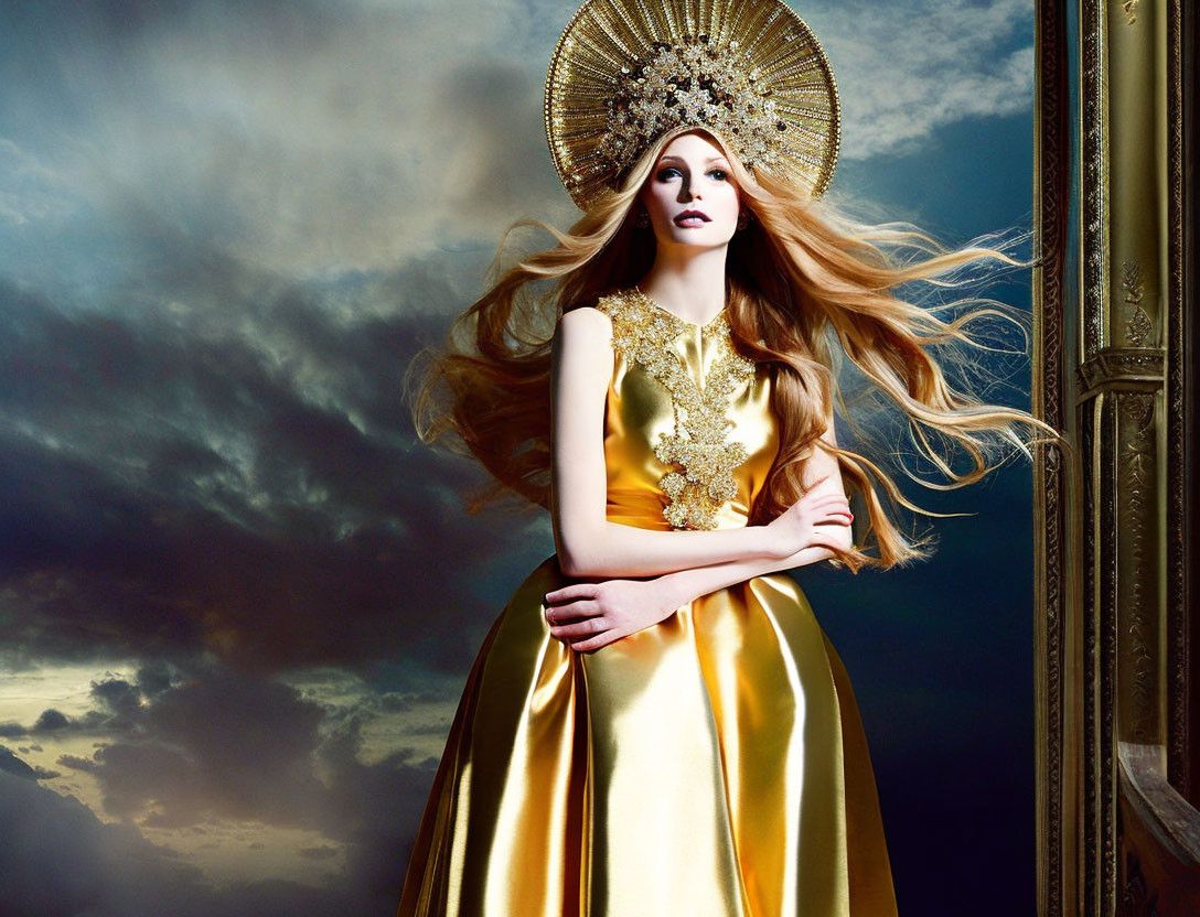 Woman in Golden Dress and Ornate Headdress Against Stormy Sky