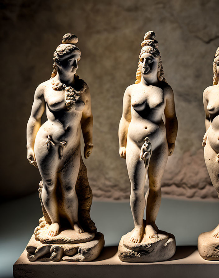 Classical statues of ancient deities with intricate detail on neutral background