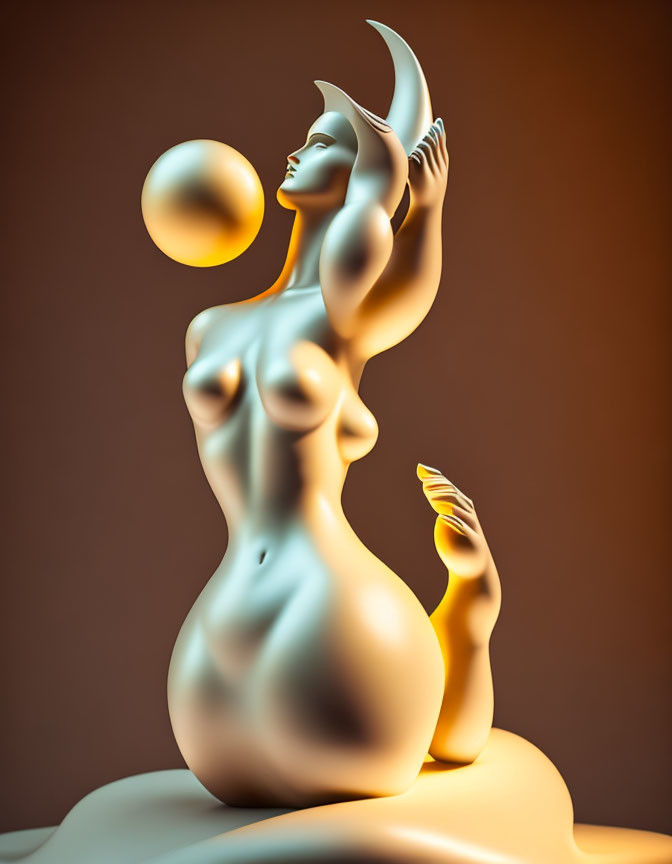 Sculpture of female figure with sphere and crescent moon on warm backdrop