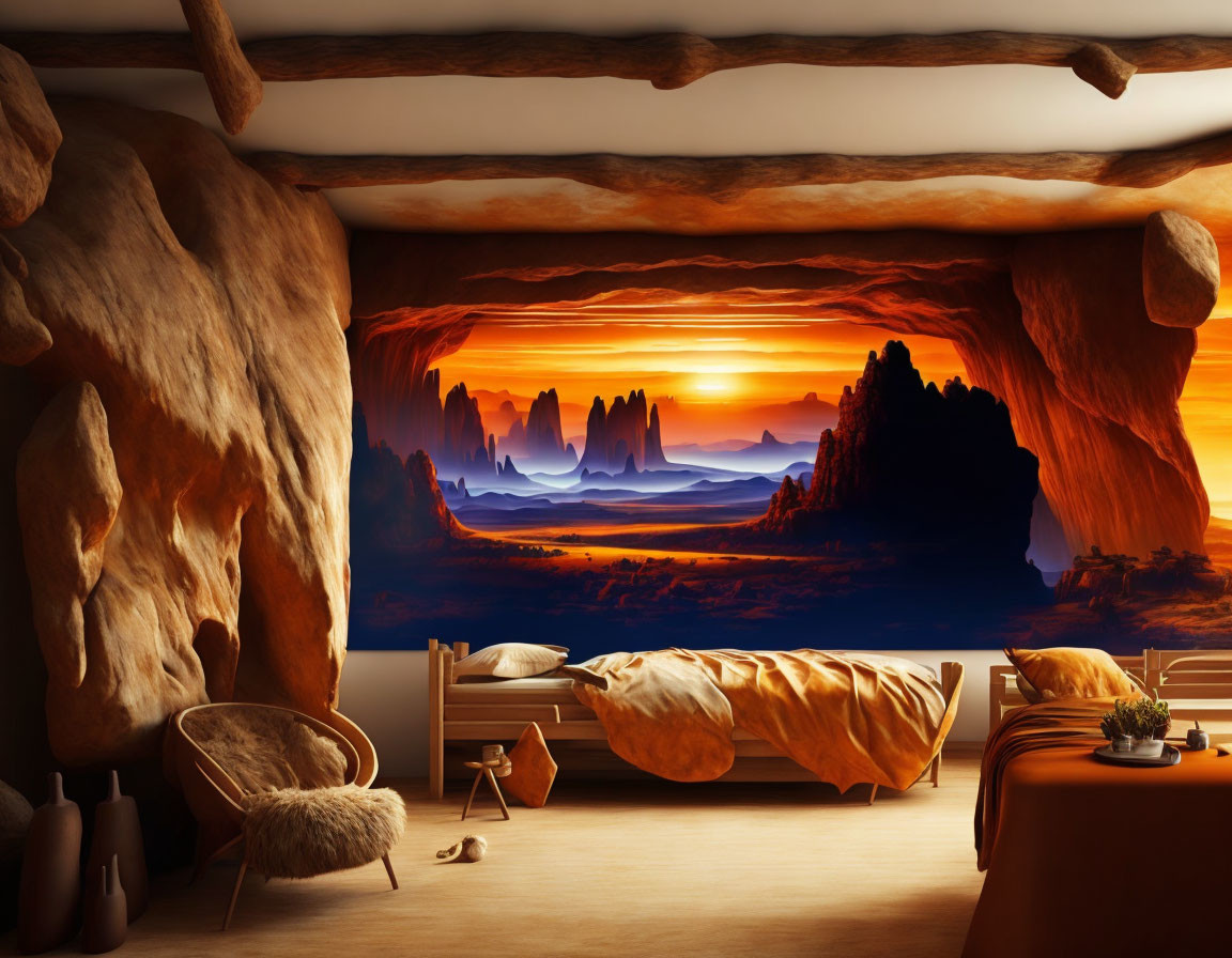 Rustic Bedroom with Large Window and Desert Sunset View