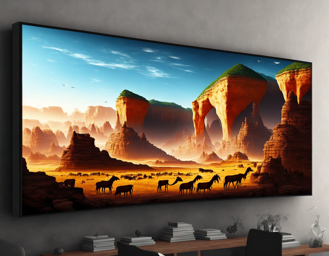 Vivid desert scene with rock formations and wild animal silhouettes on large TV screen