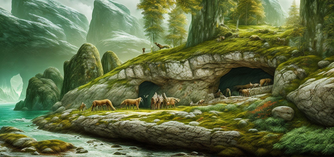 Tranquil landscape with horses, forest, cave, and misty rocks