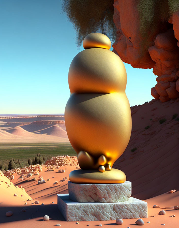 Golden surreal sculpture with pebble-like elements on marble base in desert landscape