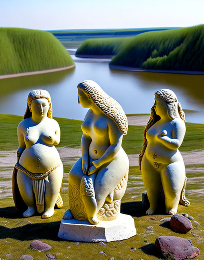 Ancient-style statues of female figures by tranquil river