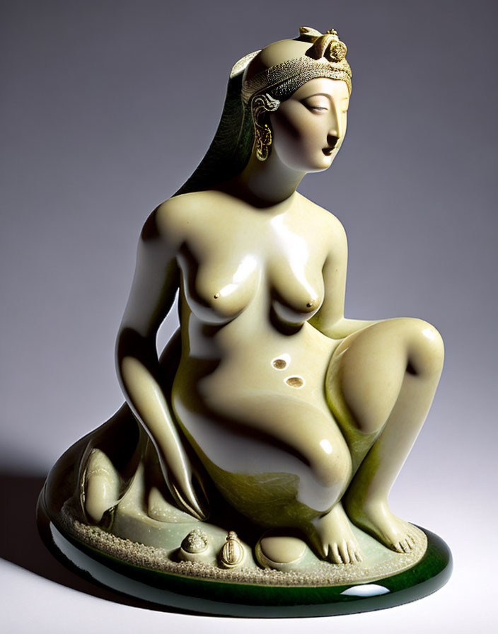 Porcelain figurine of seated nude woman with intricate hair adornment