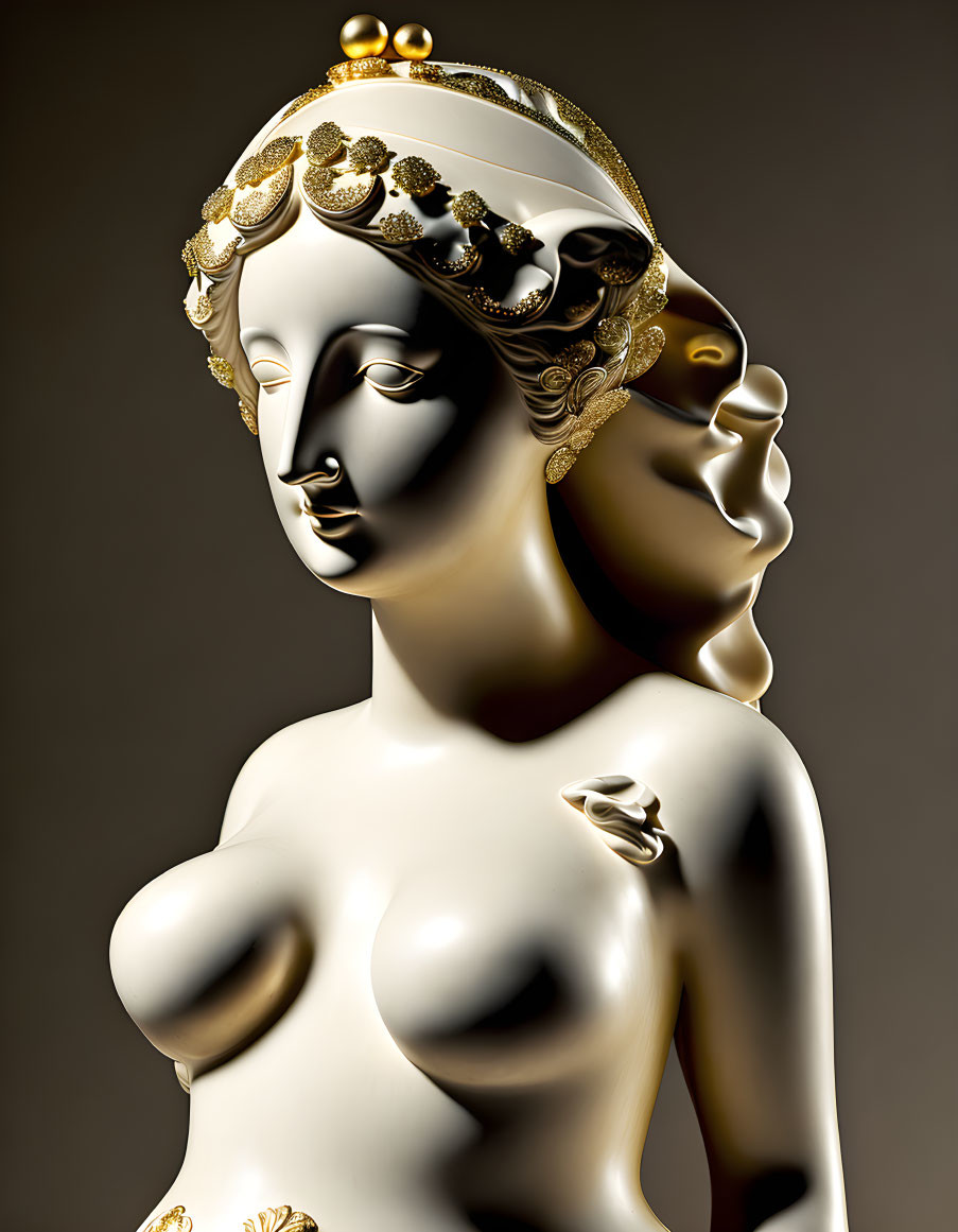 Dual-faced Female Sculpture with Ornate Gold Accents and Modern Aesthetics