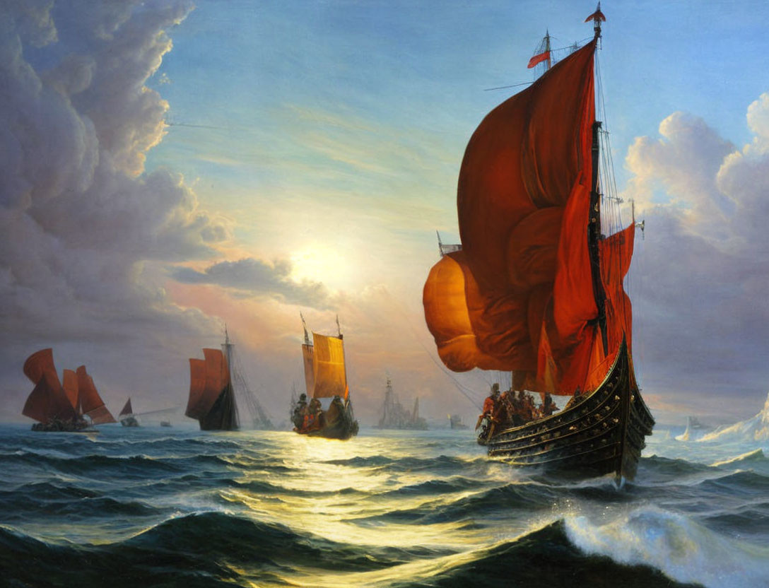 Sailing ships with red sails on turbulent seas under warm sunset or sunrise sky