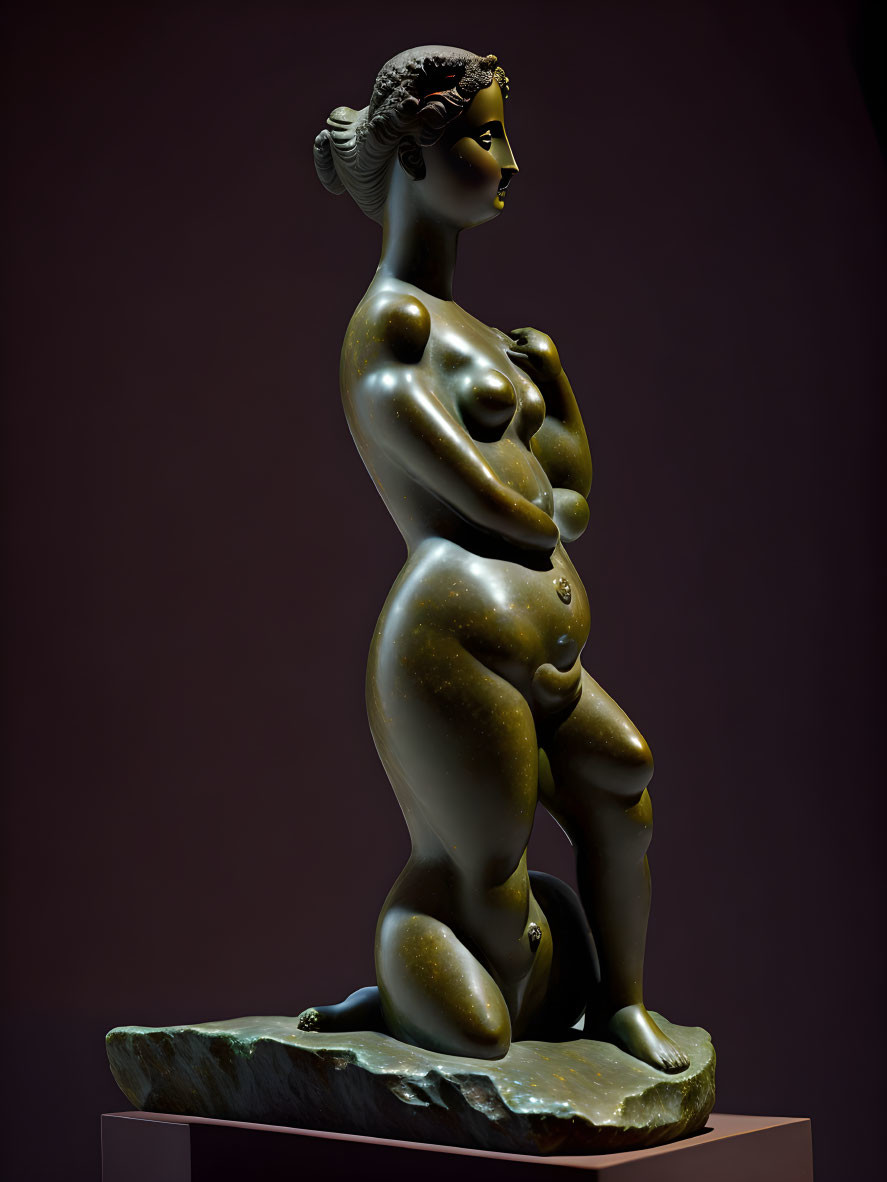 Voluptuous Female Figure Sculpture with Elaborate Hairstyle on Dark Background