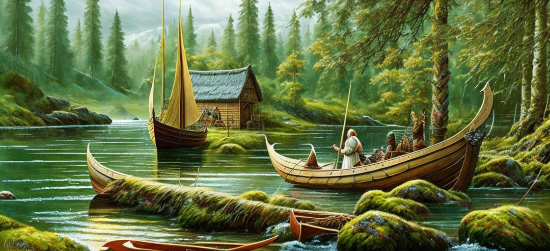 Viking longships on calm river with wooden hut and lush forest