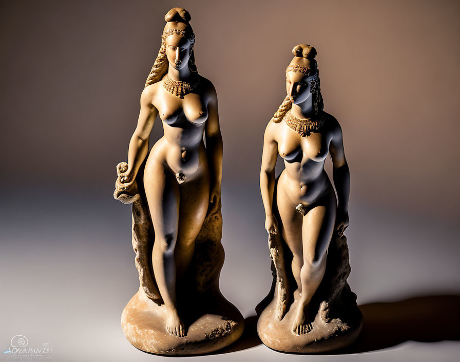 Ornate female figurines with detailed hairstyles and adornments in warm lighting