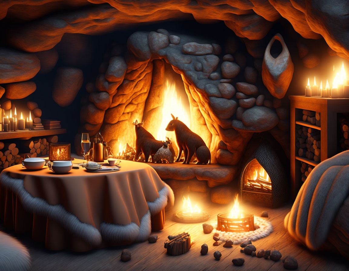 Warmly lit cave interior with fireplace, cats, candles, table, and seating