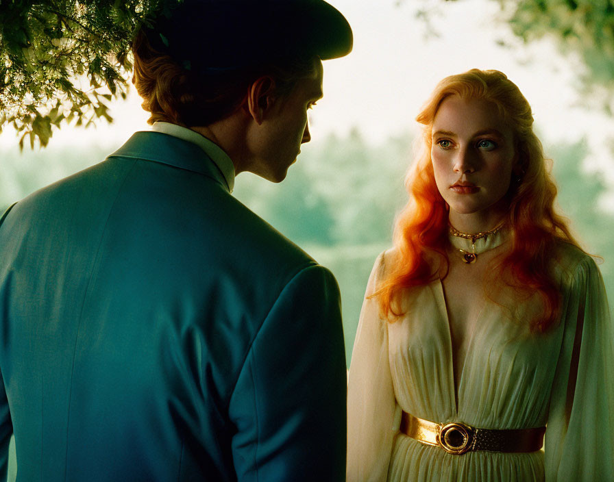 Man in blue suit and woman with red hair in cream dress in serene outdoor setting.