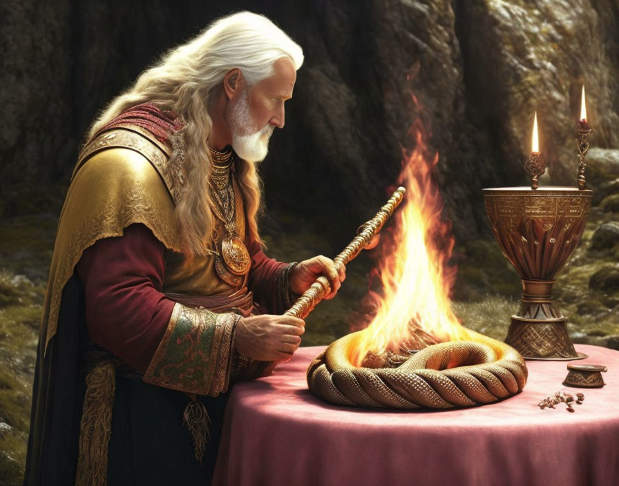 Elderly wizard with white beard examines staff near serpent and candlesticks by fire