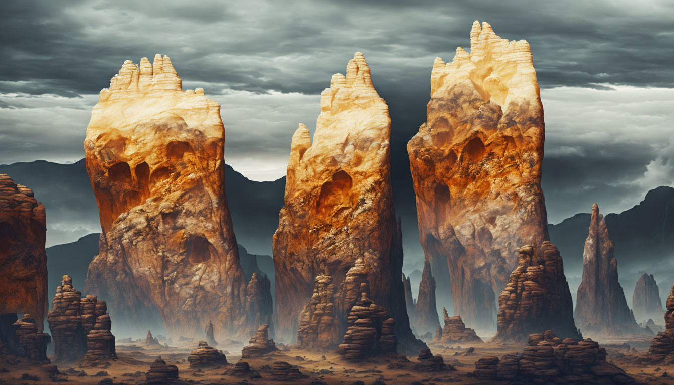 Eroded Sandstone Towers in Desert Landscape Under Dramatic Sky