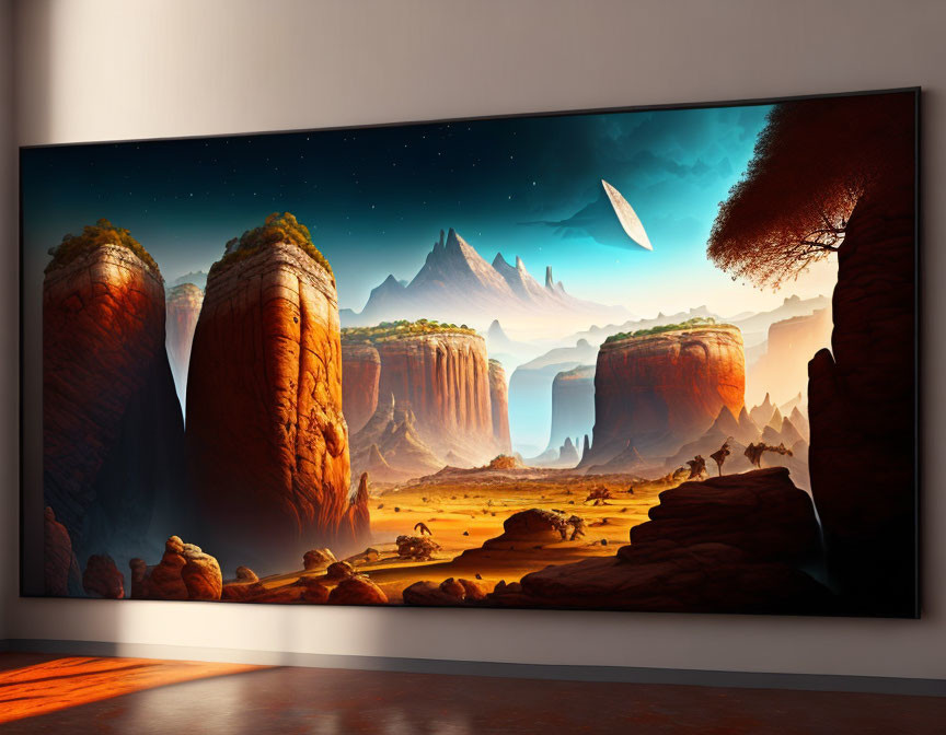 Sci-Fi Landscape with Red Rock Formations and Alien Planet on Widescreen TV