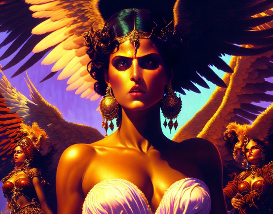 Stylized illustration of intense woman with golden headdress and angelic figures