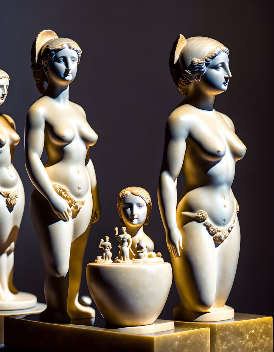 Porcelain figurines of classical female forms and child with gold detailing on dark background