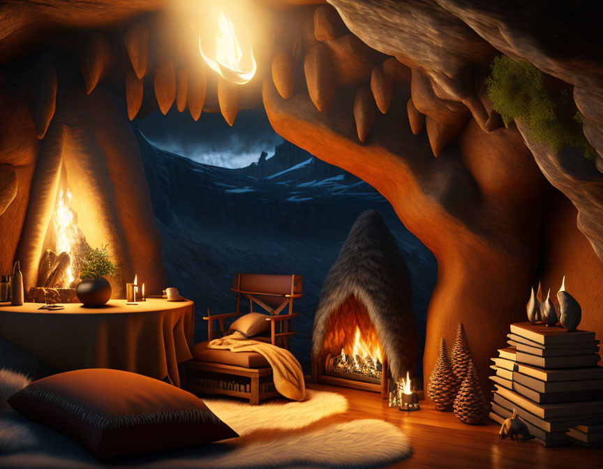 Warm Fire and Plush Seating in Cozy Cave Interior