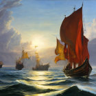 Sailing ships with red sails on turbulent seas under warm sunset or sunrise sky