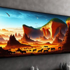 Vivid desert scene with rock formations and wild animal silhouettes on large TV screen