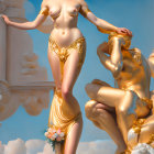 Golden-haired goddess 3D illustration with gold jewelry in sky-sea setting