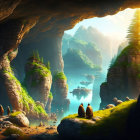 Tranquil landscape with cave, rock formations, water, horses, and birds