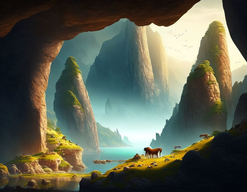 Tranquil landscape with cave, rock formations, water, horses, and birds