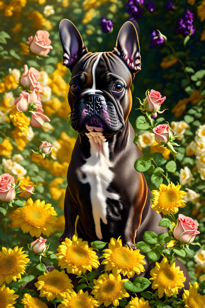 Brindle Boxer Dog Sitting Among Yellow, Peach, and Purple Flowers