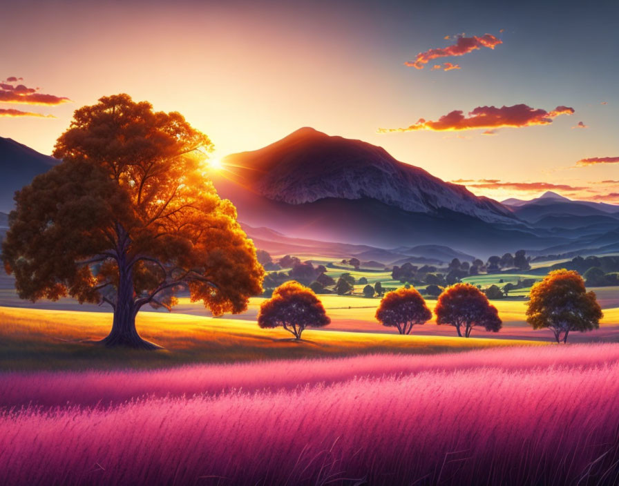 Vibrant sunset over lavender field with tree and hills