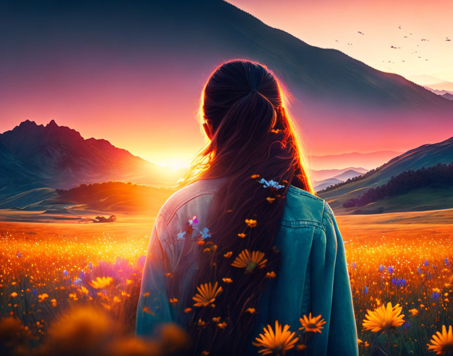 Woman admiring vibrant sunset over wildflower field with mountain backdrop