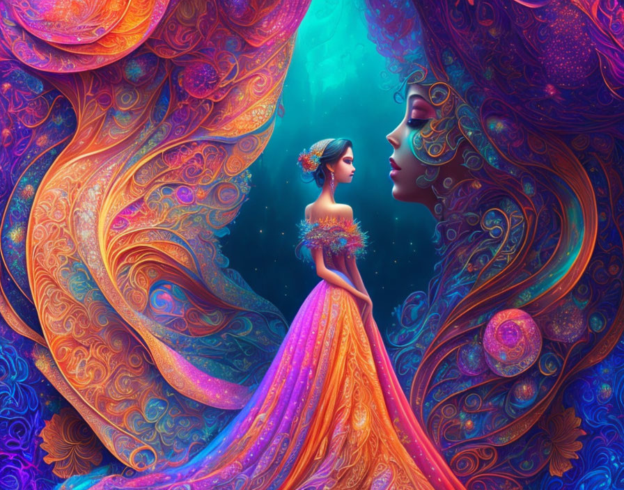 Digital artwork of woman in ornate orange dress facing ethereal female profile.